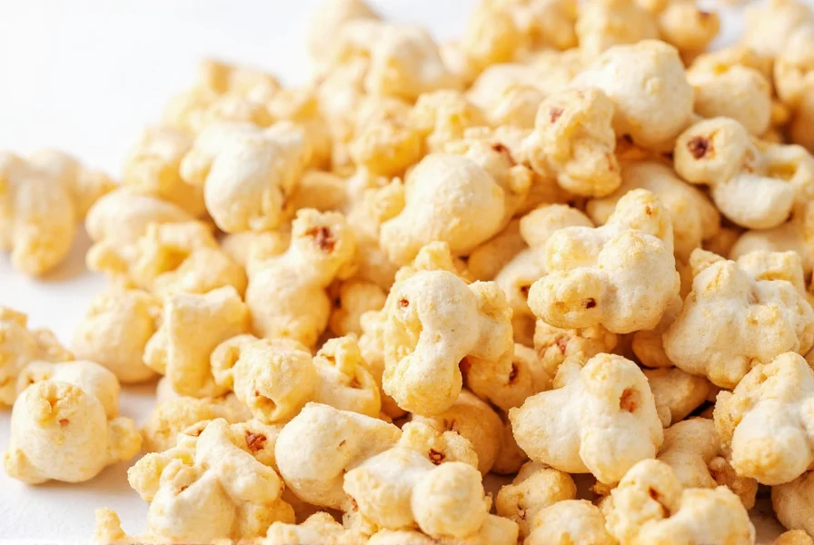 Close-up view of Popcorners Cinnamon Crunch snack pieces showing their light golden color and irregular shapes on a white background