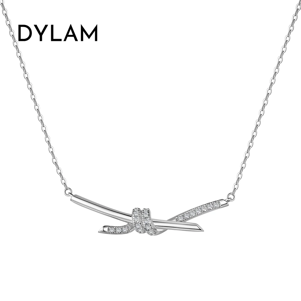

Dylam In Stock Stylish Women Sterling Silver Fine Fashion Jewelry 5A Zirconia Diamond Twist Bar Rope Knot Pendant Necklace
