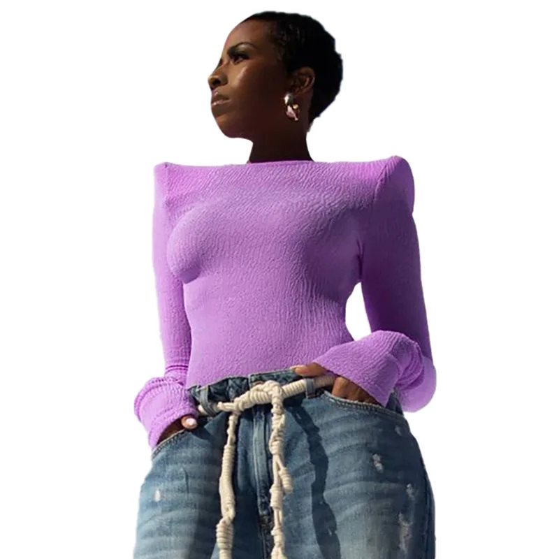 

Wholesale 2021 Fall Knitted T Shirt Women Solid Color Long Sleeve O-neck Pad Shirt for Ladies