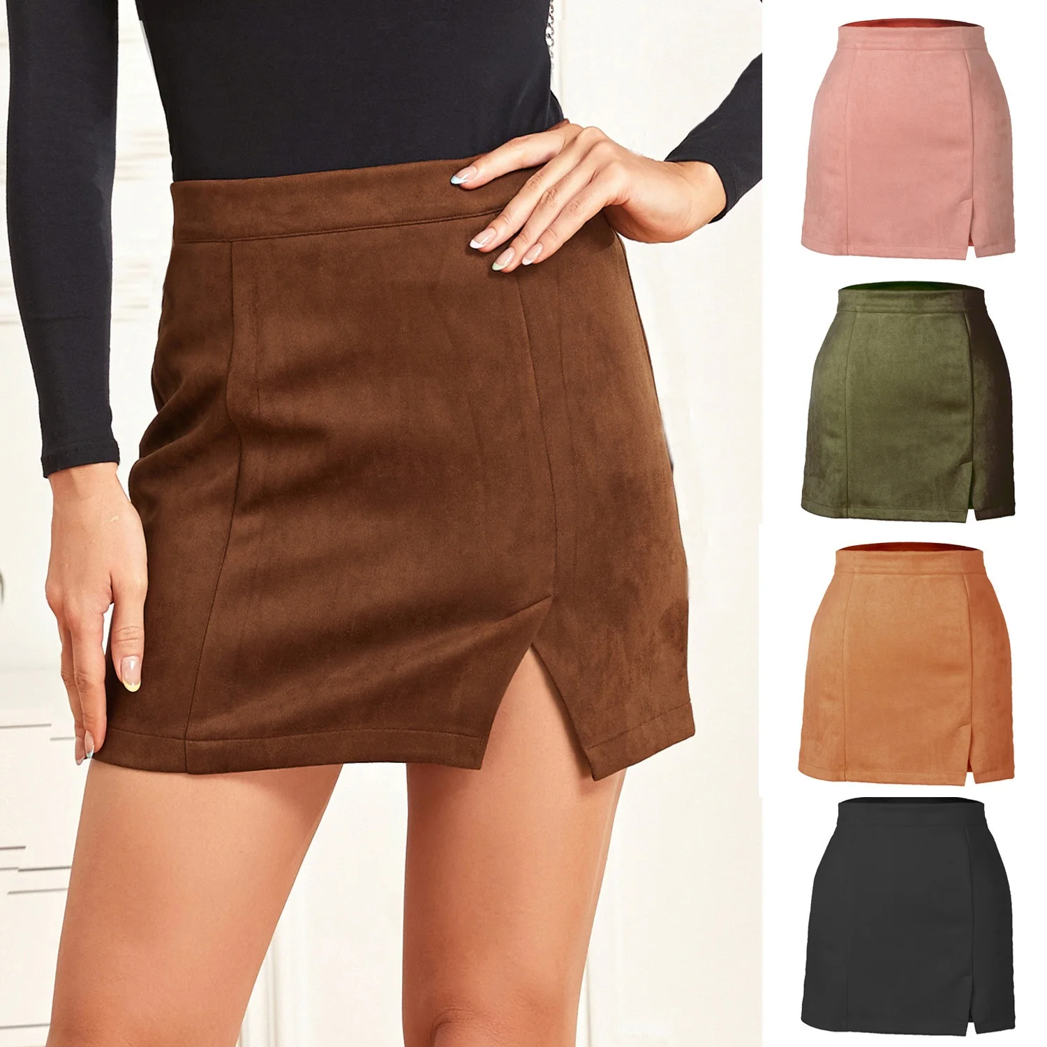 

Mini High Waist Zipper Skirt Sustainable Solid Polyester Anti-bacterial Breathable Solid Color Leopard Suede Hips Short Skirt