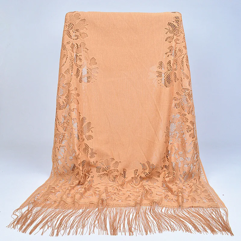 

Wholesale Elegant Lace Hollow Out Design Muslim Scarf Women 70*180 cm Thin Monochrome Long Hijab Shawls With Tassel 2023 Latest