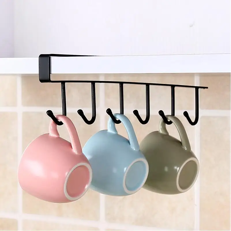 

C24 Mug Cups Holder Storage Shelf Iron Punch-free Wardrobe Cabinet Hook Kitchen Storage Rack, Black/white