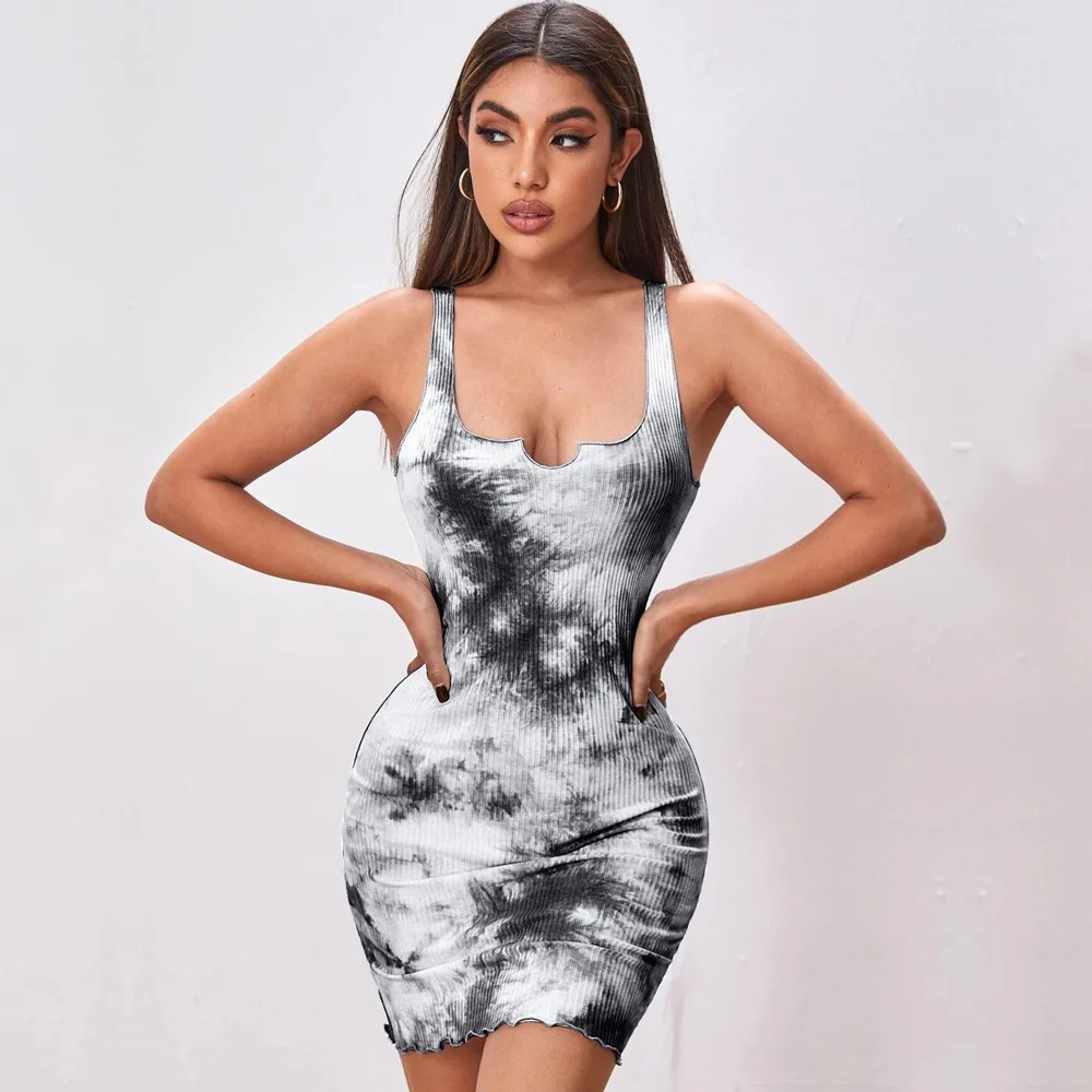 

Women Sexy Slim Fit Tie Dye Printed Sleeveless Sling Bodycon Mini Dress