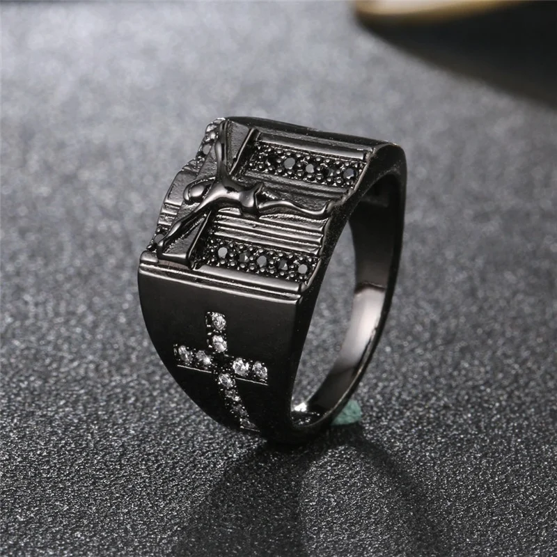 product-Delicate Black Cz Jesus Cross Ring Punk Style For Men-BEYALY-img