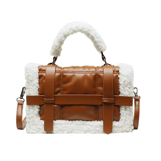 

New Lamb Wool Portable Shoulder Bag Stitching Fashion Western Style Small Square Bag Lady Messenger Bag, White, black, brown