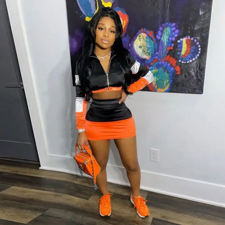

Womens Spring Outfits 2021 Matching Color Block Crop Top Two Piece Skirt Set Women Clothing, Pink,orange