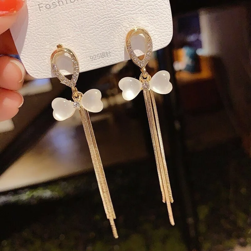 

925 silver needle opal peach heart earrings female Korean fashion trend earrings net red long tassel earrings, Picture shows