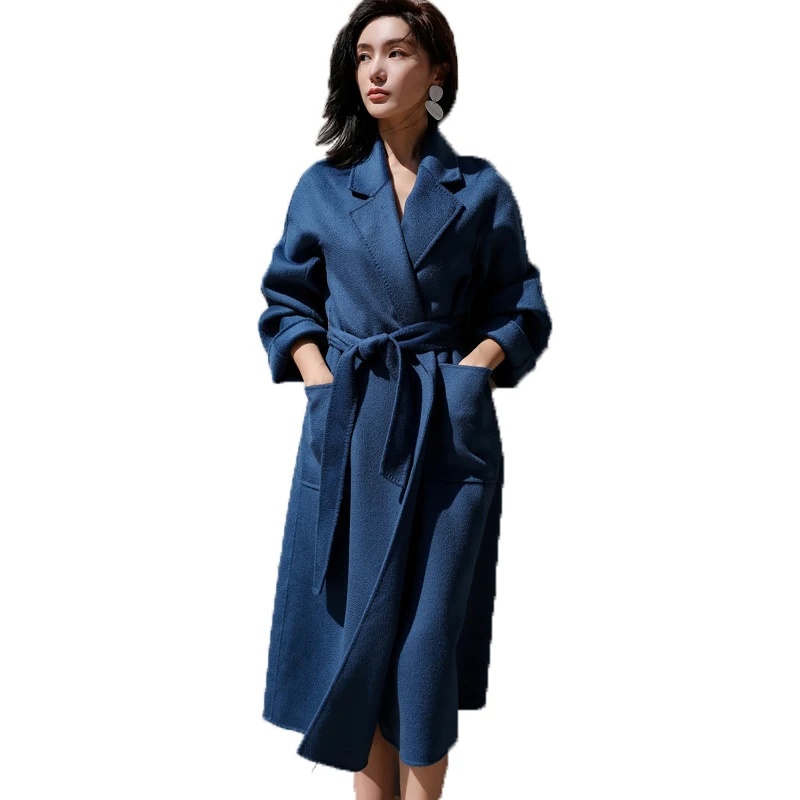 

2021 autumn and winter hot selling new women's fashion double-sided cashmere overcoat loose long sleeve lace up women's coat