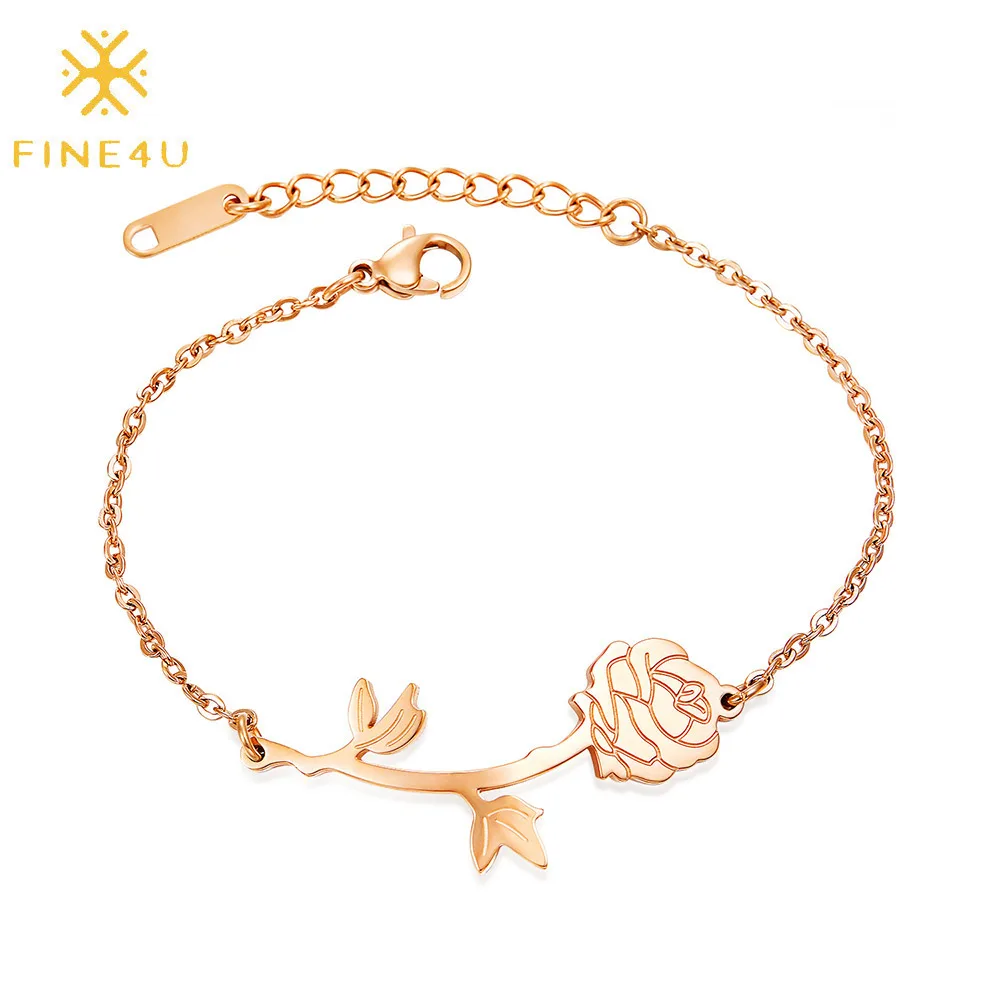 

Minimalist fashion stainless steel rose gold plated leaf flower dainty women bracelet