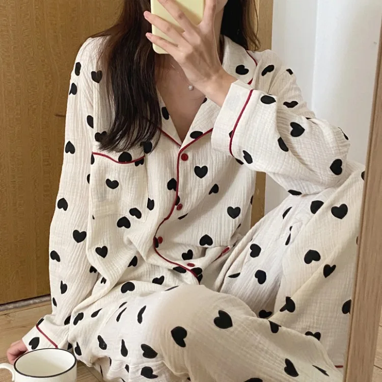 

Autumn Heart Print Pajamas Women Cotton Sleepwear Turndown Collar Pyjamas Set Women'S Cotton Pajamas, Picture shows