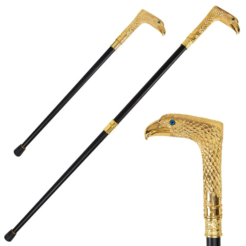 Golden Blue Eye Eagle Head Cane - Intricate Metal Handle with Sapphire Accent for Parties Luxurious Finish Costume Prop