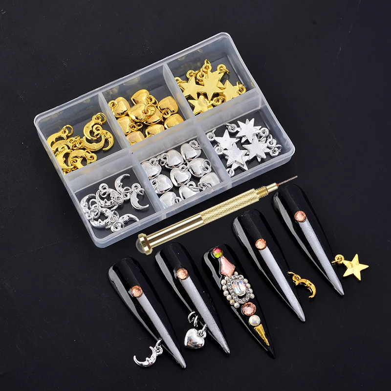 

3D Gold Silver Metal Moon Star Heart Dangle Nail Art Charms With Piercing Tool, 4 style