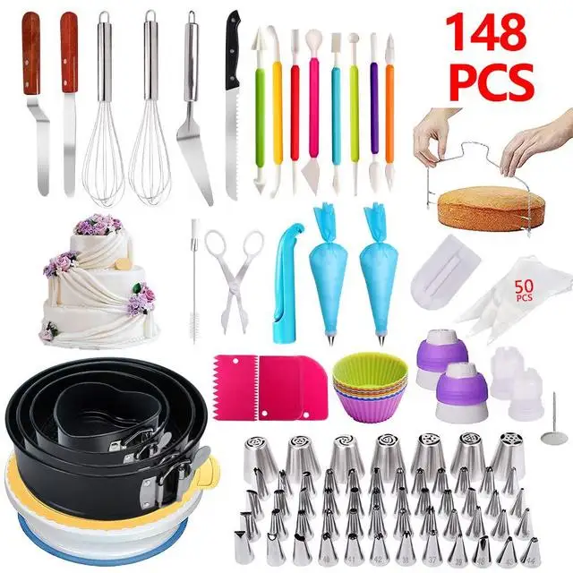 

148 PCS Complete Baking Tools Set with Cake turntable set Decorating Supplies Kit Cake Pastry Tools Baking Accessories Bakeware, Silver