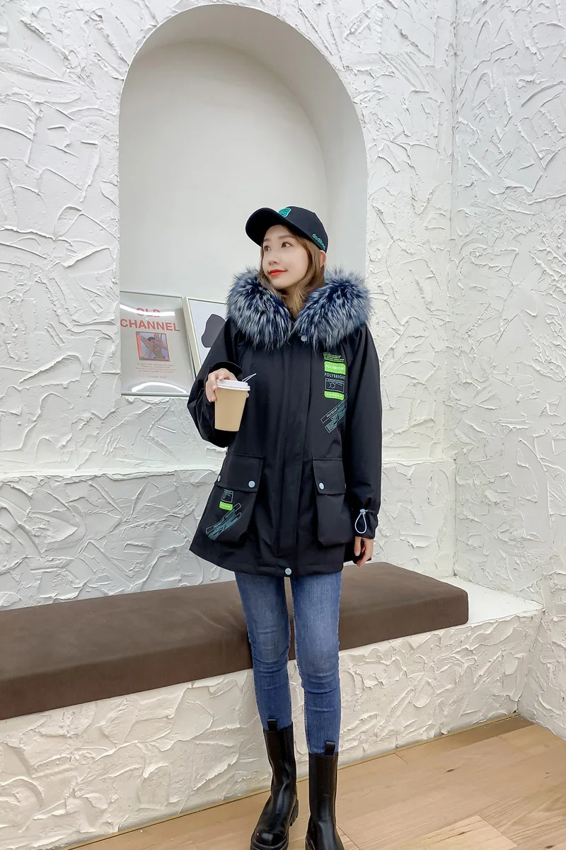 
Womens Genuine Leather Warm Outwear Parka Coats Winter Army Jacket Fur Collar Fleece Clothing Casual Quantity Cotton Hood 