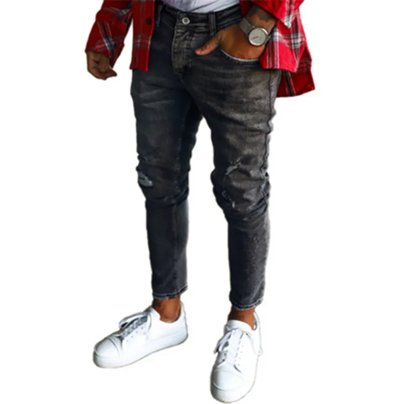 

Hot Sale men's Street Style Jeans Blue Hole Hip Hop jeans trendy personality men's foreign trade tight pants, Customized color