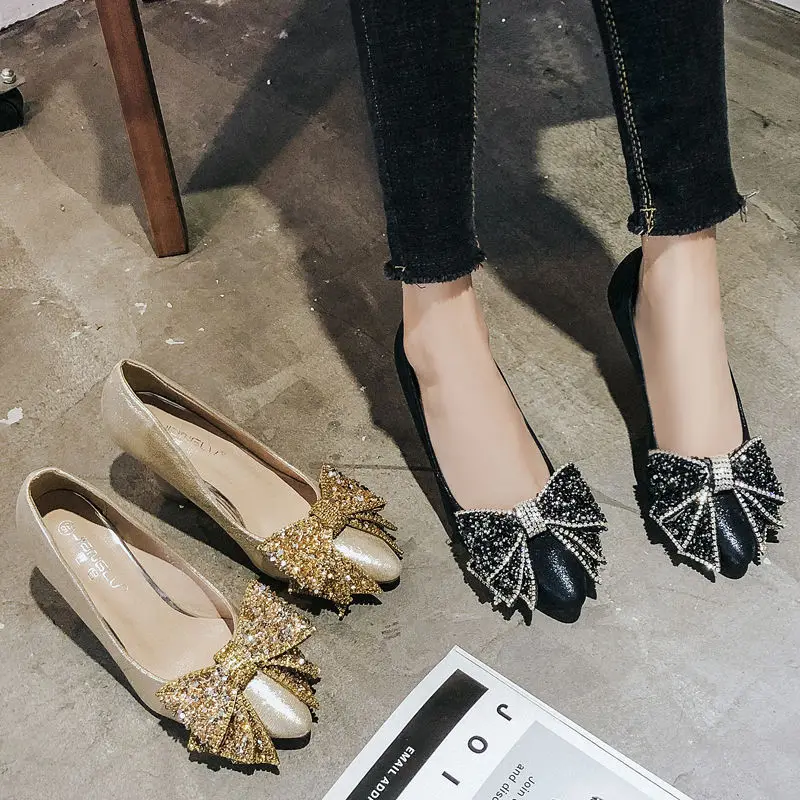 

New Arrivals Office Slip On Sweet Crystal Bow Black Wedge Shoes Women Pumps, Black,gold