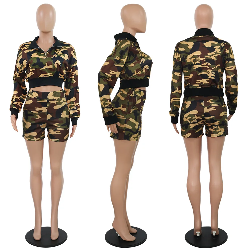 Sexy Camouflage 2 Piece Set Women Fall Winter Clothing Crop Top Biker Shorts Matching Sets Two