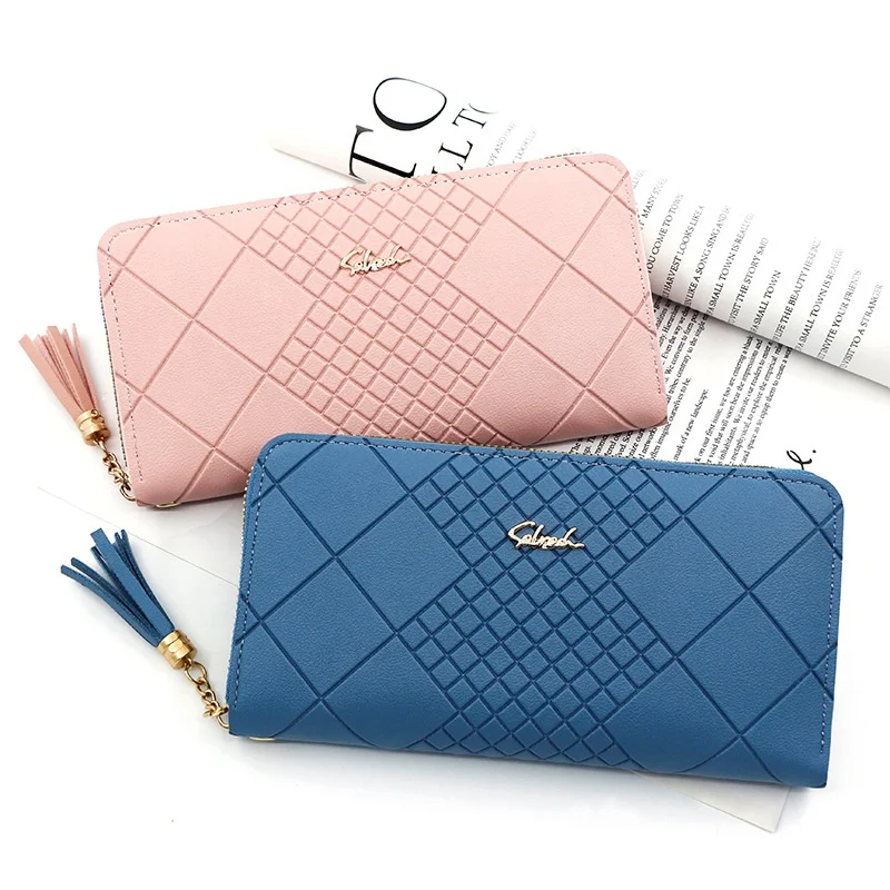 

Wholesale Embossed Stripes Thread Long Strap Clutch Bag Zipper Portable Horizontal Mobile Phone Bag Coin Purse For Women, 7 colors