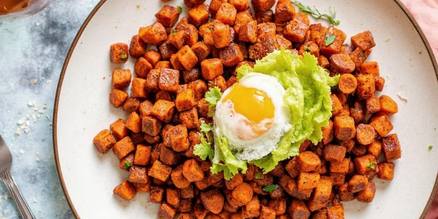 Sweet Potato Hash Chorizo served with fried egg and beans