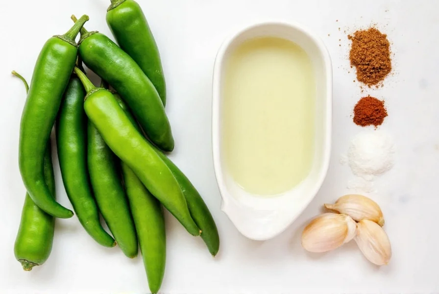Fresh green jalapeños, garlic cloves, vinegar, and spices arranged for homemade green pepper sauce recipe