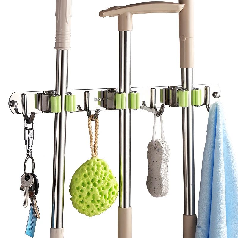 

3 holders with hooks Laundry 304 stainless steel self-adhesive broom clip mop holder