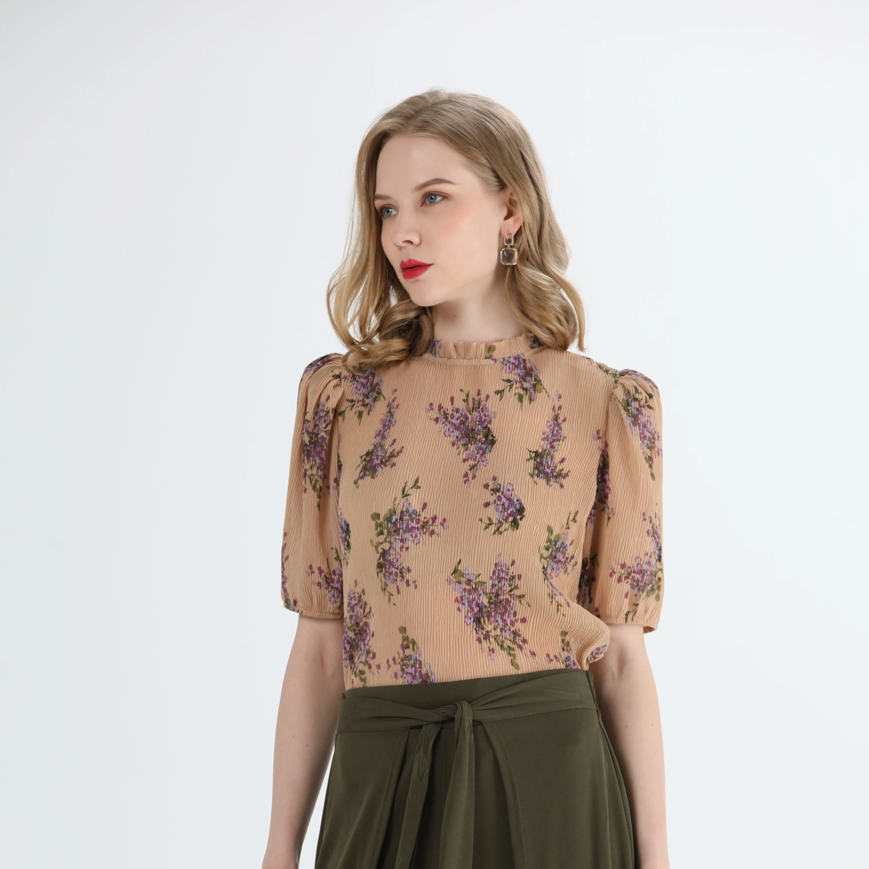 

Ladies Latest Fashion Ruffled Hign Neck Collar Short Sleeve Chiffon Women Tops Shirts Blouses