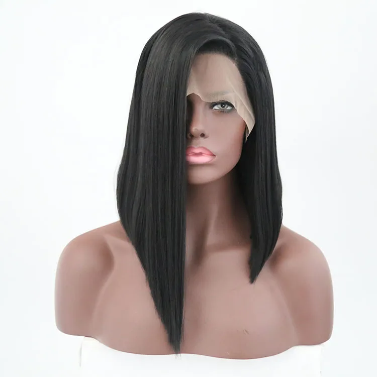 

Ainizi wholesale heat resistant 16 inches natural black bob straight 13x4 synthetic lace front wigs for black women