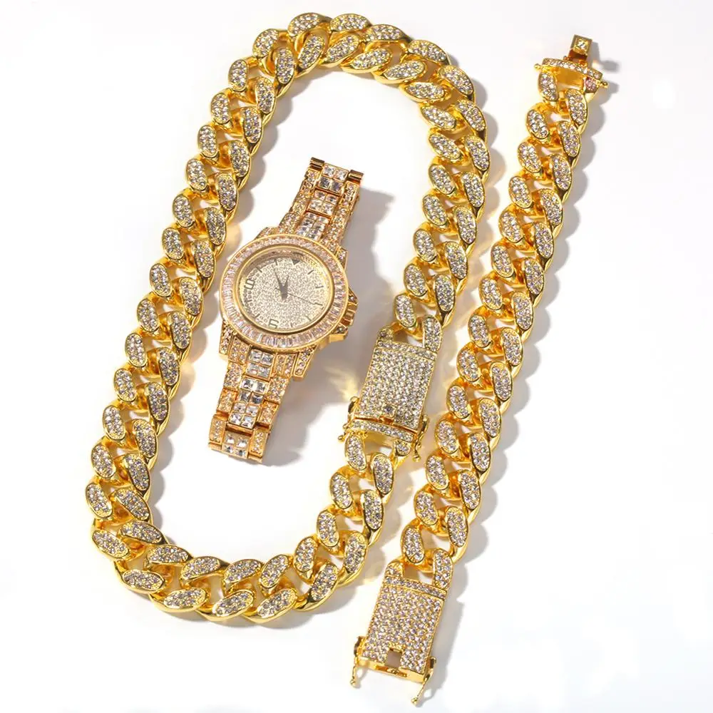 

Hip Hop Fully Iced Out Cuban bracelet necklace Watch three-piece jewelry set for men women, Gold sliver