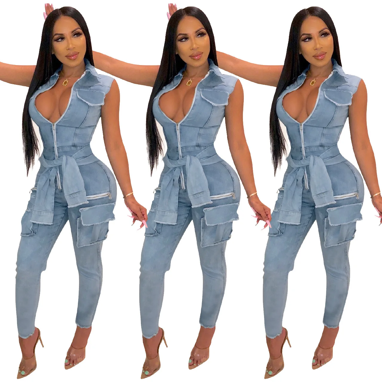 

Nightclub Sleeveless Side Pocket Zippers Sexy Denim Pants Washed Jumpsuits Women Jeans