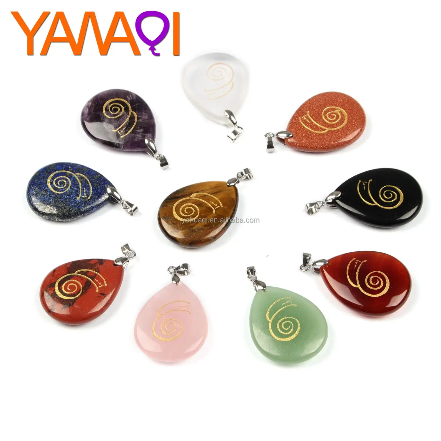 

In stock natural crystal drop shape pendants carved DAI KO MYO Reiki symbols stone necklace amethyst opal Obsidian