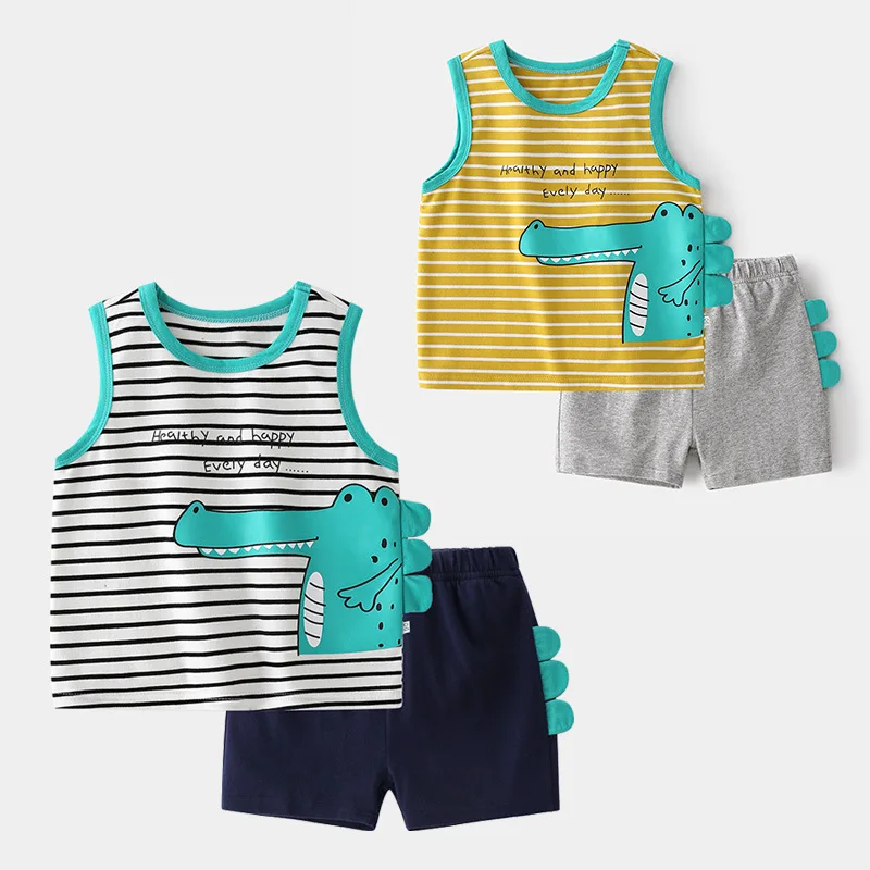 

Children wear dinosaur patchwork toddlers clothes set for boys kids summer clothing set