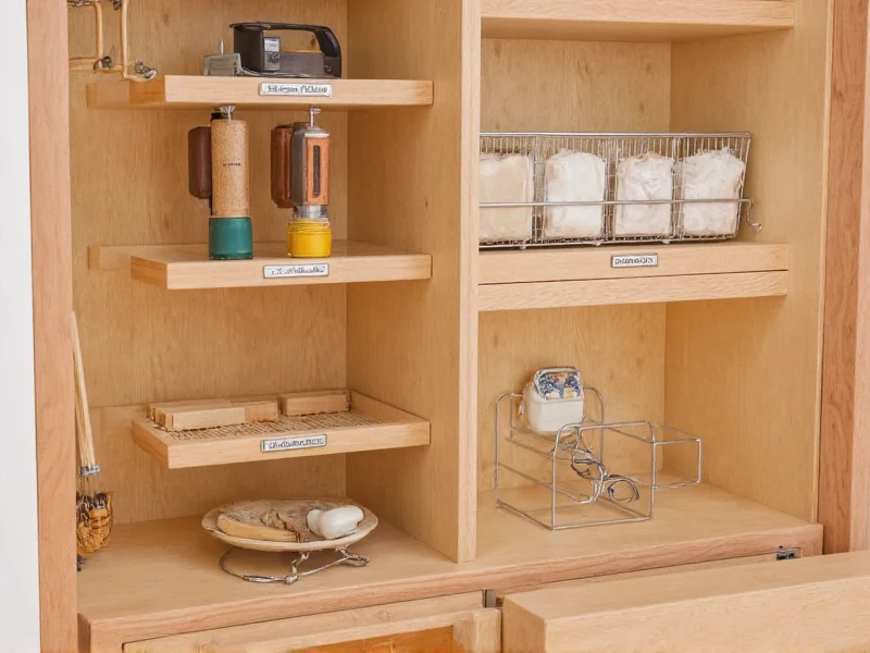 Craft armoire interior showing project-based zoning system with labeled storage areas