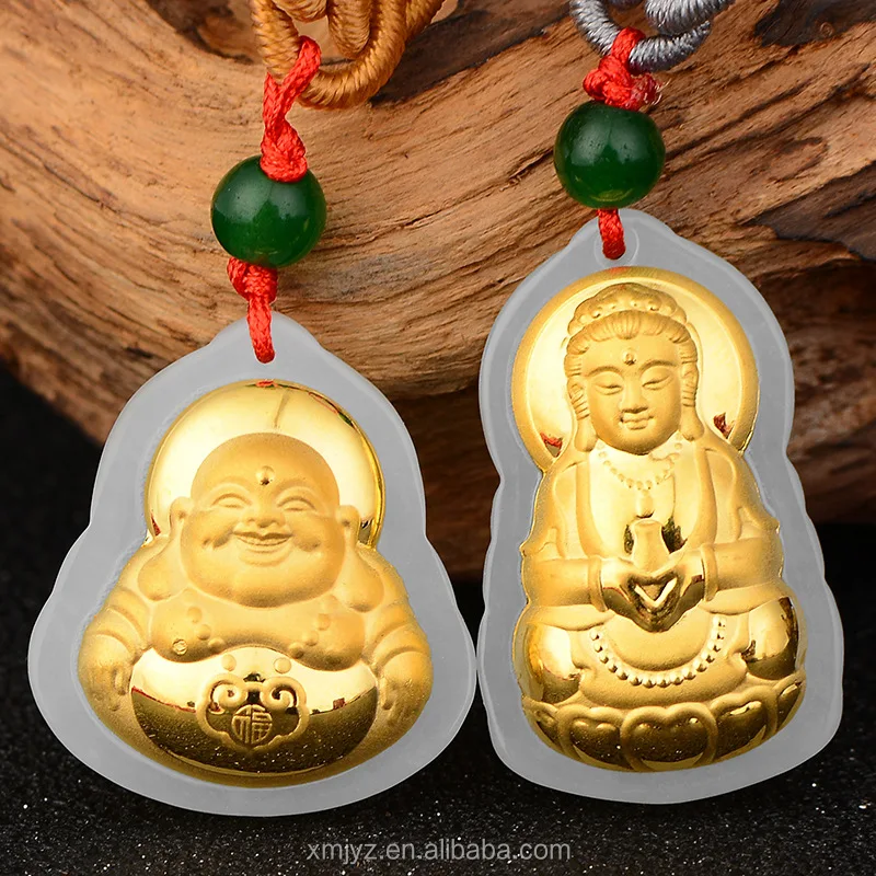 

3D Gold Inlaid 4D Inlaid Gold Pure Inlaid Hetian Jade Smiling Buddha Smiling Pendant Manufacturer Wholesale