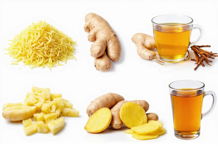 Various culinary preparations of ginger including grated, sliced, and in tea