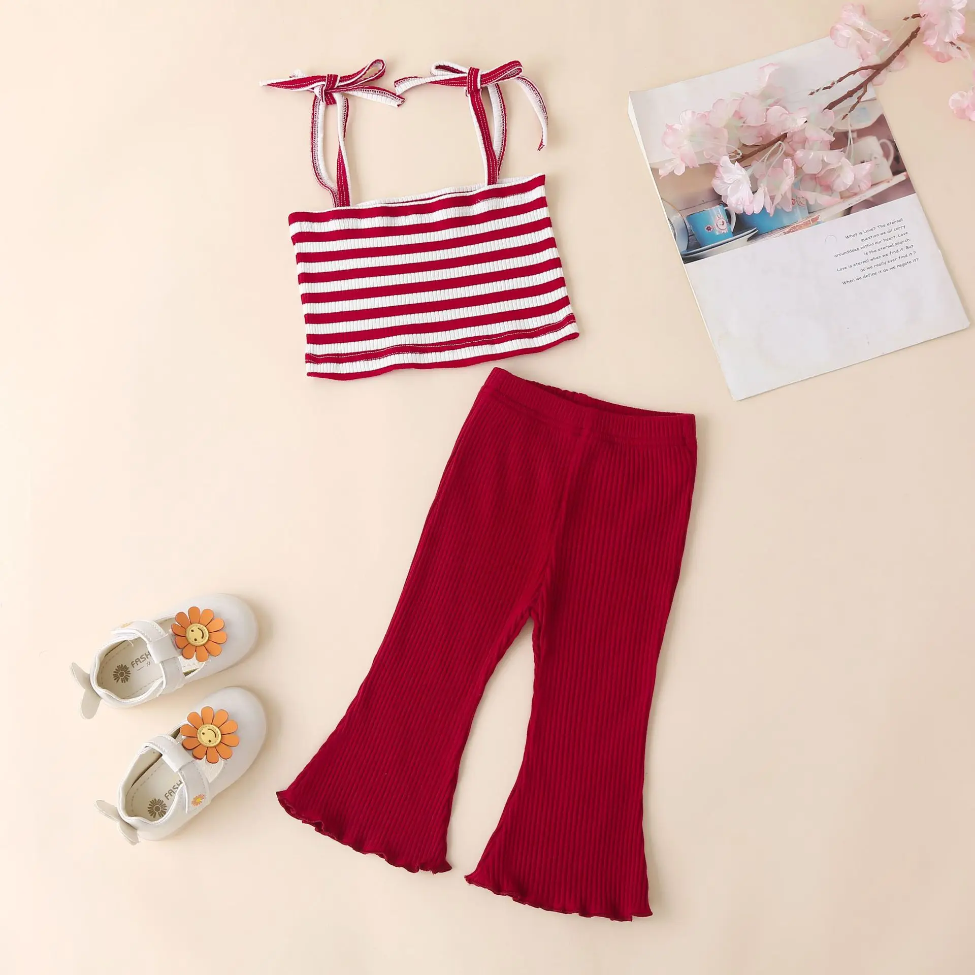 

CS004 In Stock Solid Striped Ribbed top & bell bottoms new born 0-3 month baby girl cloth clothes Summer sets