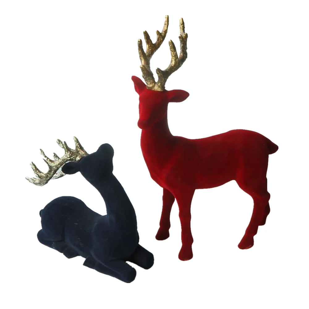 Home Decor Resin Flocked Sitting Deer Christmas Decoration Polyresin
