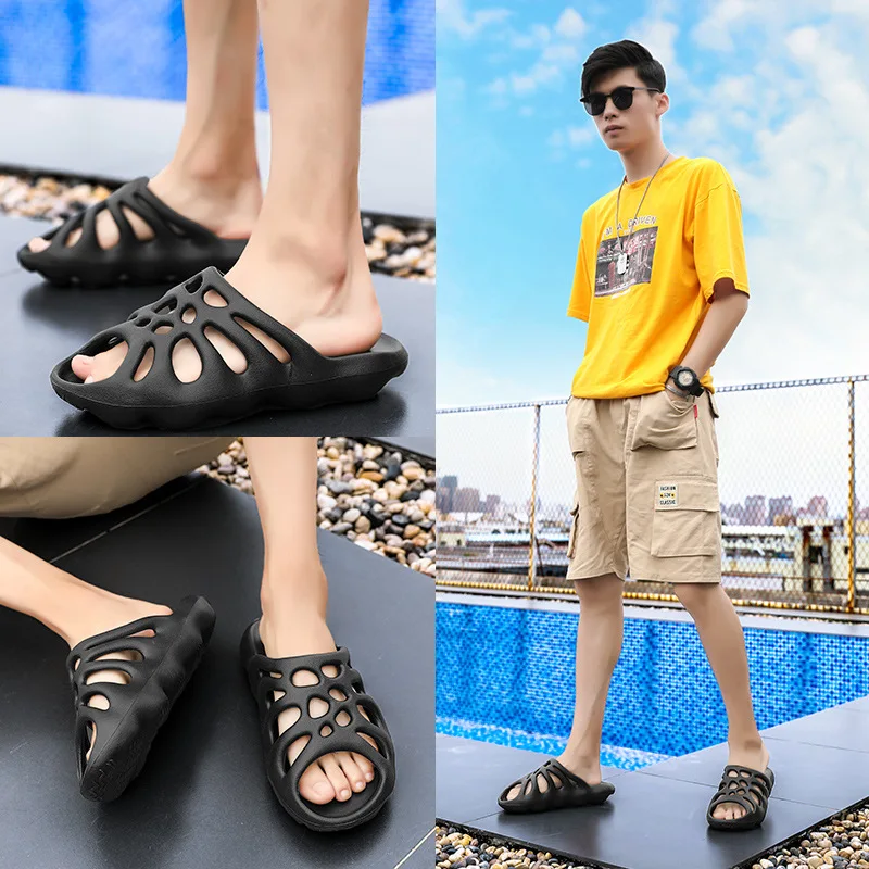 

Beautiful mesh new trend slippers sandals home casual thick bottom non-slip flip flops for men, Black