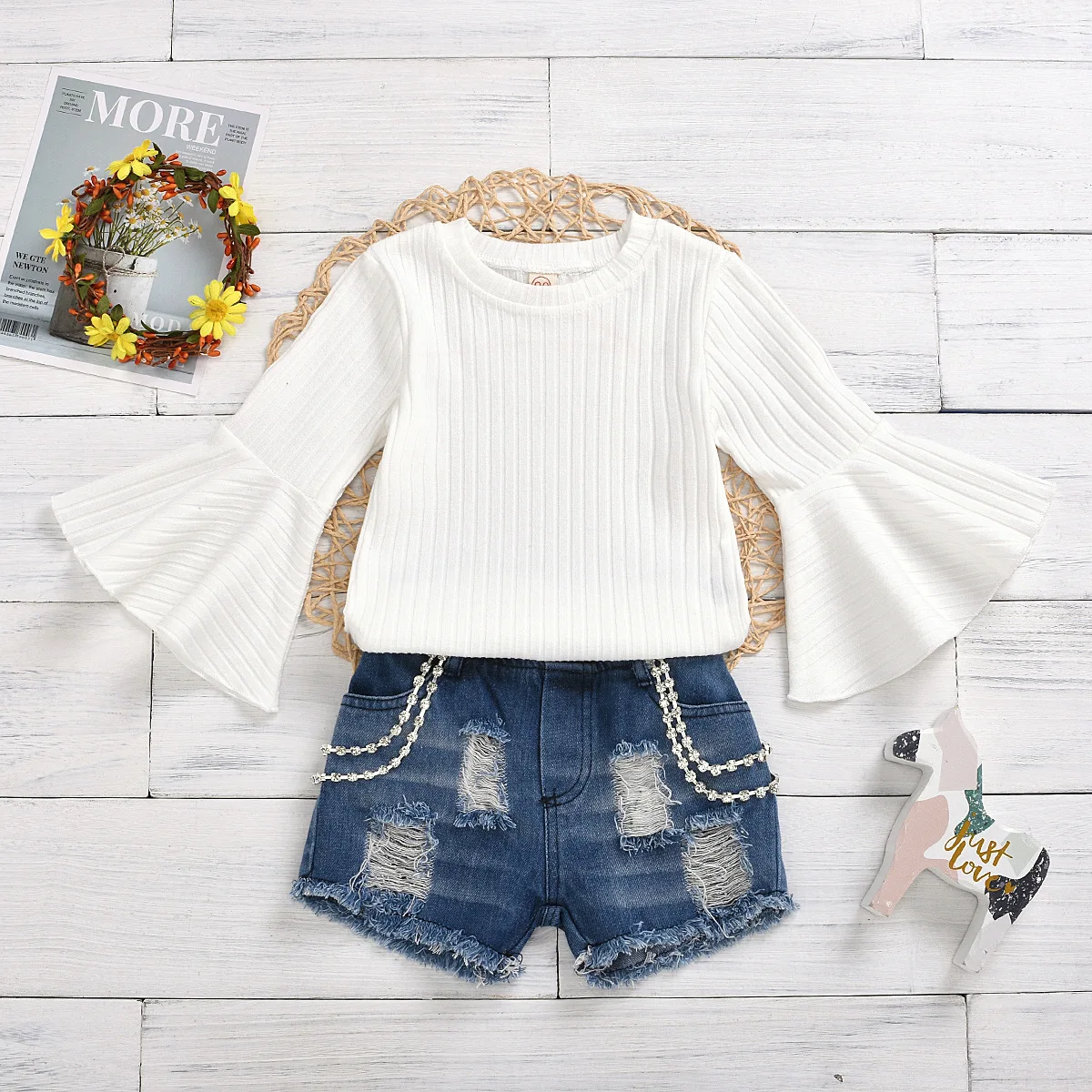 

rts 2020 Amazon new hot sale flared sleeve top denim ripped nail chain drill shorts suit pure white knitted kids clothing