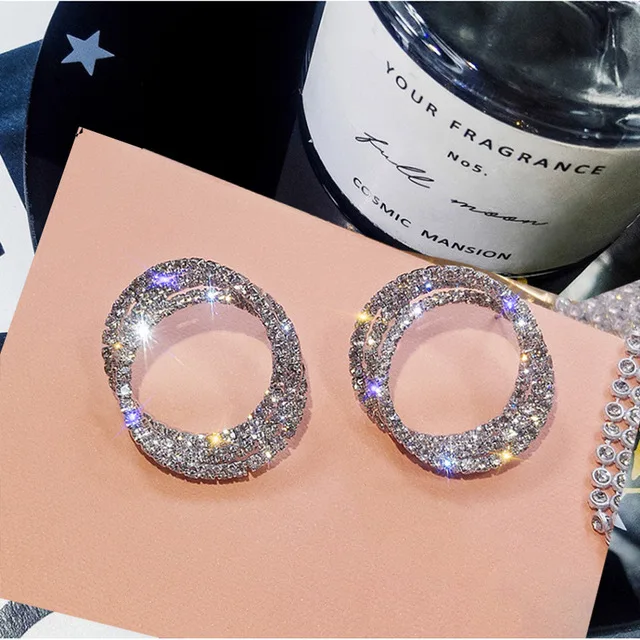 

Luxury Bling Bling American Geometric Circle Hoop Earrings Full Rhinestone Crystal 3 Layered Hoop Earrings, Gold
