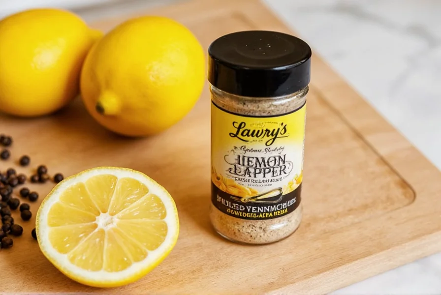 Close-up photography of Lawry's Lemon Pepper seasoning bottle next to fresh lemons and black peppercorns on wooden cutting board