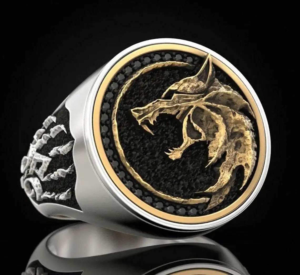 

Men's Vintage Wolf Totem Thai Silver Ring Nordic Mythology Viking Warrior Wolf Head Men's Ring, Gold