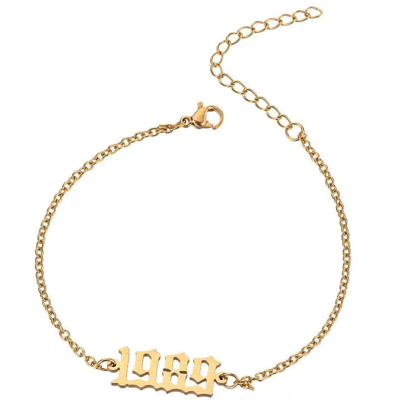 
stainless steel gold plated birth year ankle bracelet,adjustable chain beach anklets foot jewelry anniversary 1980 2020 year 