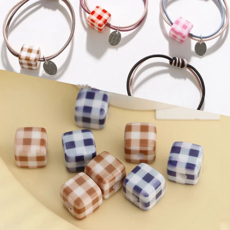 

Kawaii 12mm Lattice Cube Resin Beads Plastic Chunky Beads with Big Hole for Girl DIY Hair Rubberbands, Blue, brown