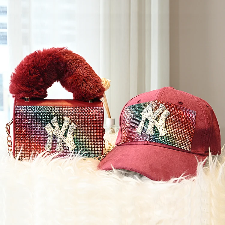 

2021 designer glitter new york hats and purses set sparkling ny fur purse and hat, 10 colors