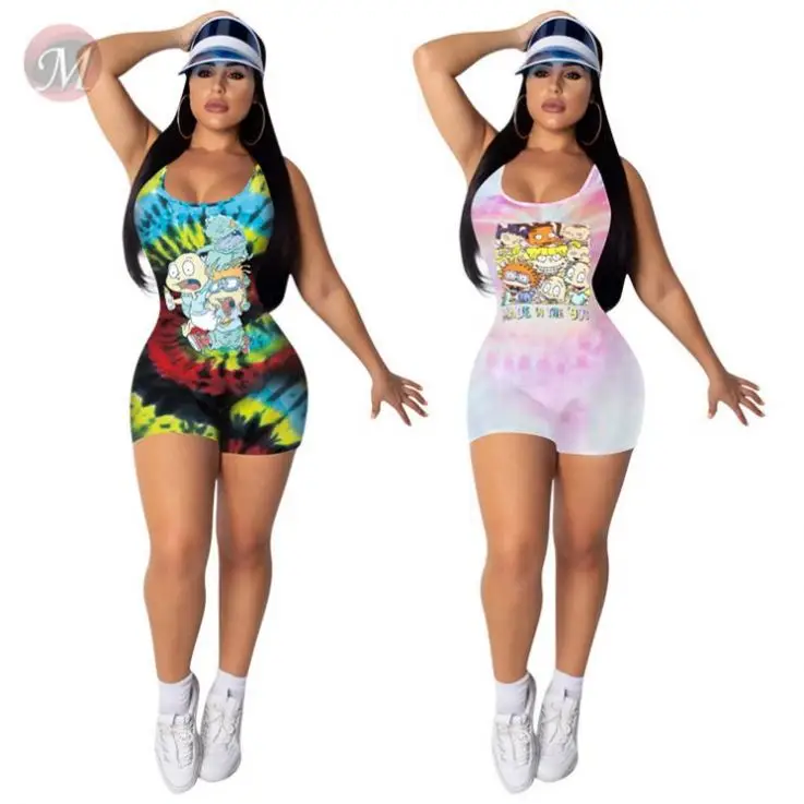 

2020 summer sleeveless cartoon print Custom Fitness Jump Suit Bodycon Sexy Women One Piece Jumpsuits And Rompers