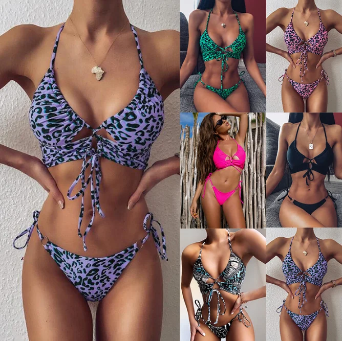 

Best Selling Beautiful Women Vintage Swimwear Leopard Print Two Piece Strap Bikini