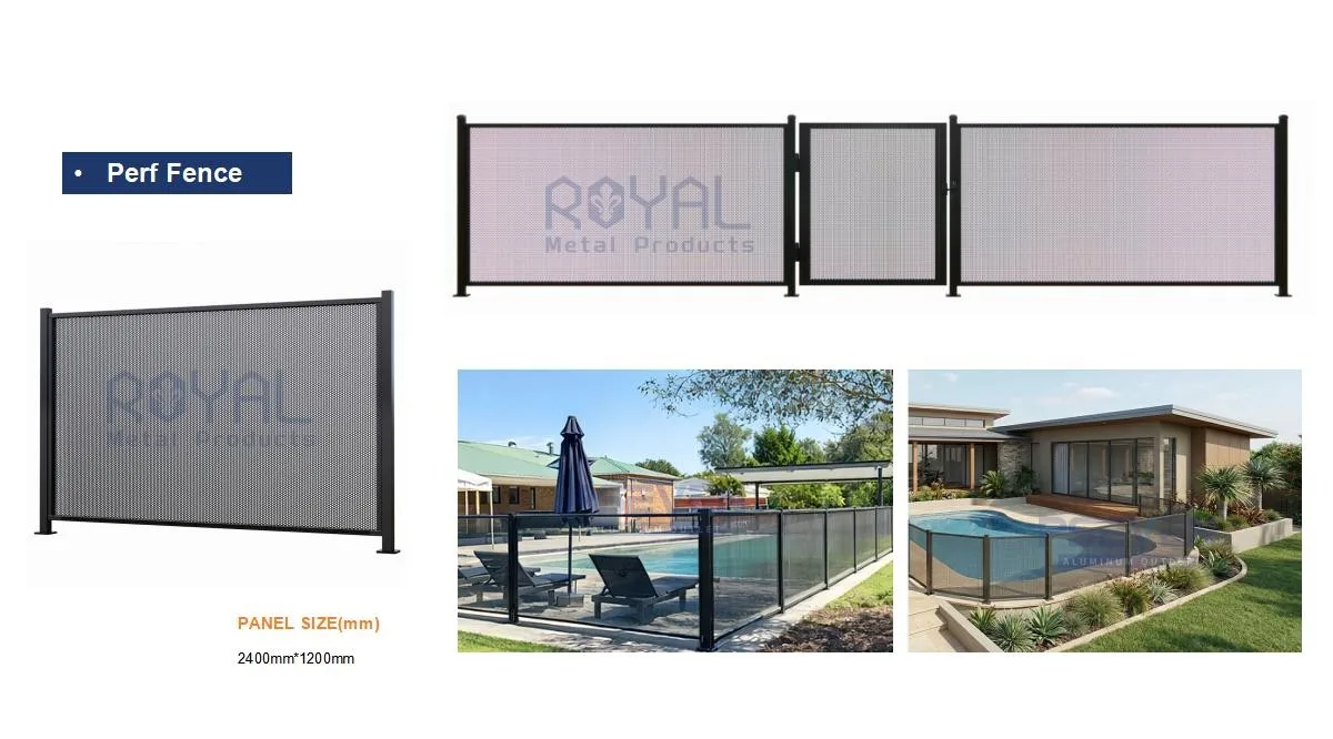 Perf Fence specifications — 2400x1200mm perforated aluminum panel, pool installation with curved layout