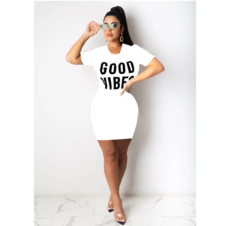 

Letter Print T Shirt Dress Women Fashion Short Sleeve Round Neck Vestidos Summer Streetwear Club Partywear Dress, As picture