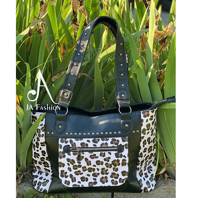 

Wholesale Women Leopard Concealed Carry Tote Purse Protective Lady Concealed Handgun Tote bag With Rivet Decoration for Girls, Black cow, sunflower leopard