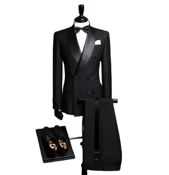 

Double Breasted Two Buttons Satin Lapel Customized Groom Black Wedding Tuxedos (Jacket+Pants+Bow) WD146 Tuxedo Suit For Man, Default or custom